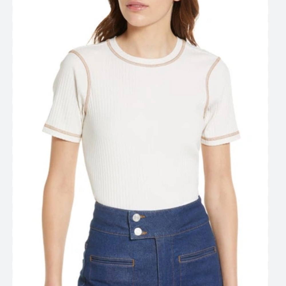 Frame- Contrast Stitch Rib-knit T-shirt In Bone